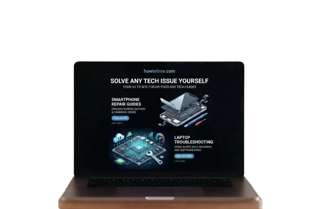 open laptop displaying howtellme.com, a tech tutorial and repair guide website offering DIY fixes for smartphones (cracked screen, battery) and laptops (troubleshooting, data recovery).