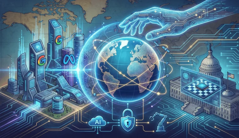 How Technology Giants Shape Global Security Futuristic illustration showing Big Tech skyscrapers with Google and Meta logos on the left and the US Capitol building on the right, both exerting digital influence over a glowing central globe. A large digital hand hovers above, and icons for AI, cybersecurity shields, and a chessboard with a microchip are in the foreground, symbolizing the shaping of global security.