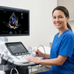 A professional diagnostic medical sonographer in scrubs sits at an advanced ultrasound machine, holding a transducer, with a medical image displayed on the monitor screen in a hospital setting.