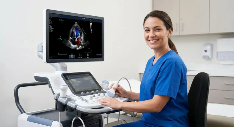 A professional diagnostic medical sonographer in scrubs sits at an advanced ultrasound machine, holding a transducer, with a medical image displayed on the monitor screen in a hospital setting.