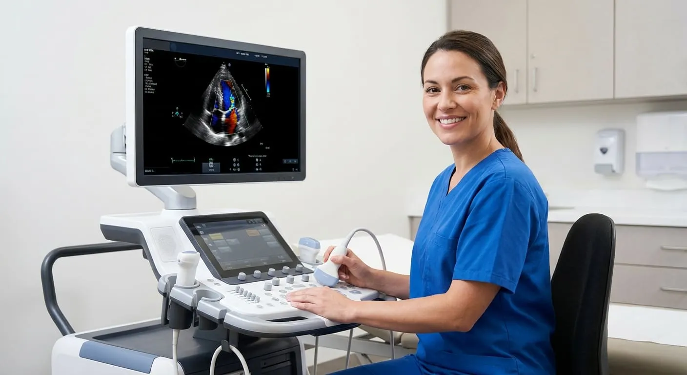 A professional diagnostic medical sonographer in scrubs sits at an advanced ultrasound machine, holding a transducer, with a medical image displayed on the monitor screen in a hospital setting.