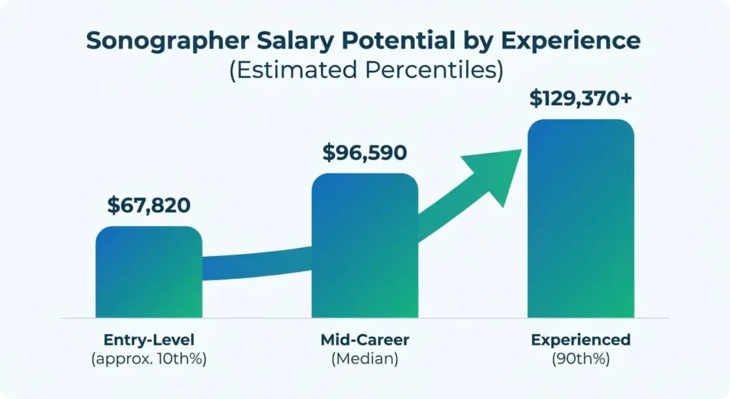 Infographic chart showing sonographer salary progression: Entry-level around $67,820, Mid-career median at $96,590, and Experienced over $129,370.