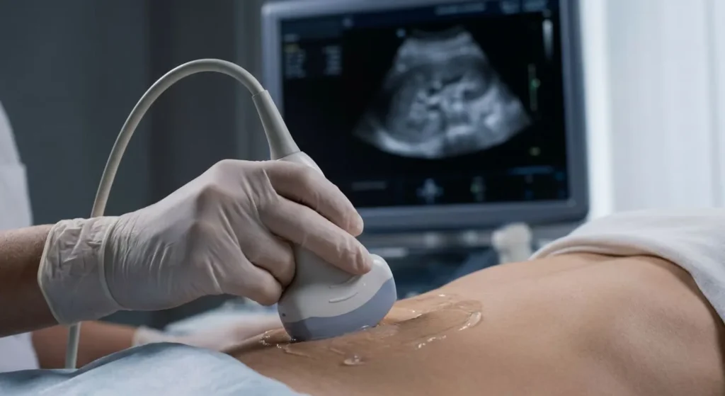 Close-up view of a sonographer holds a transducer probe on a patient's abdomen during an abdominal ultrasound scan, with internal anatomy visible on the monitor in the background.