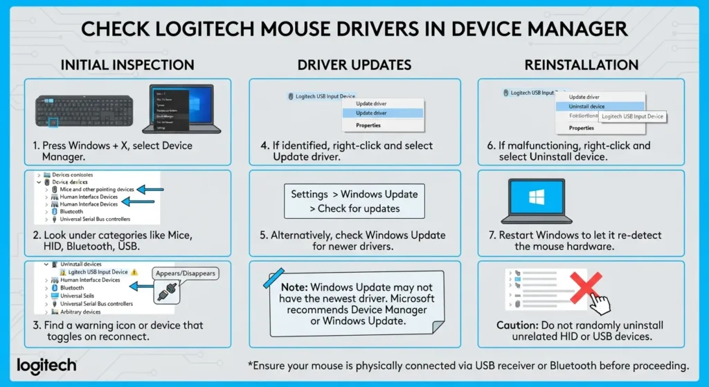 Check Logitech Mouse Drivers in Device Manager to fix logitech mouse not working