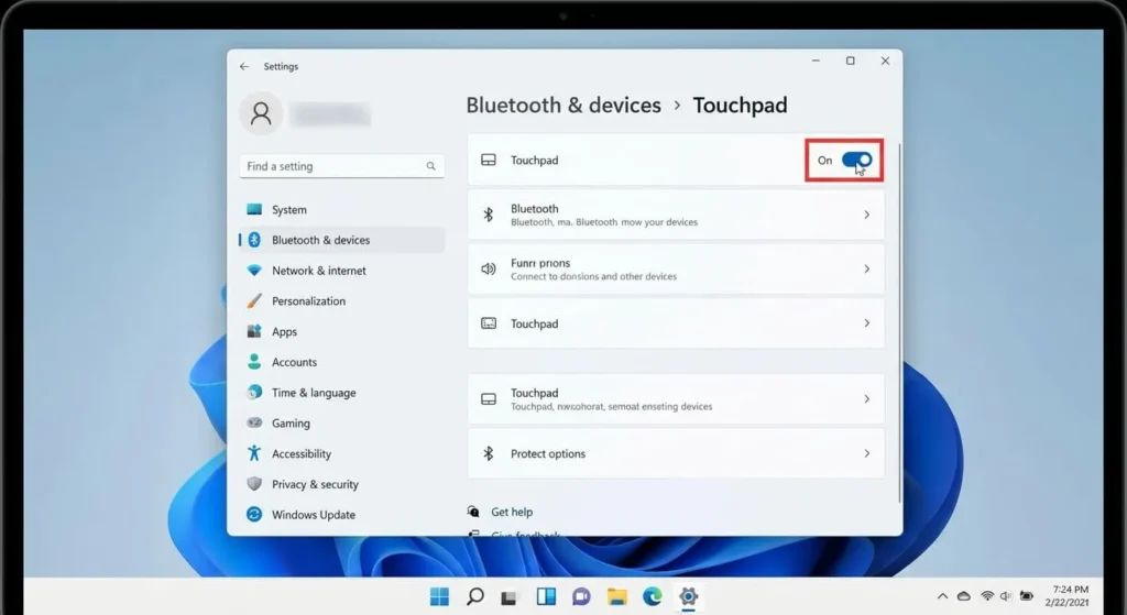 Windows 11 Settings window showing the Touchpad toggle switched to the "On" position.