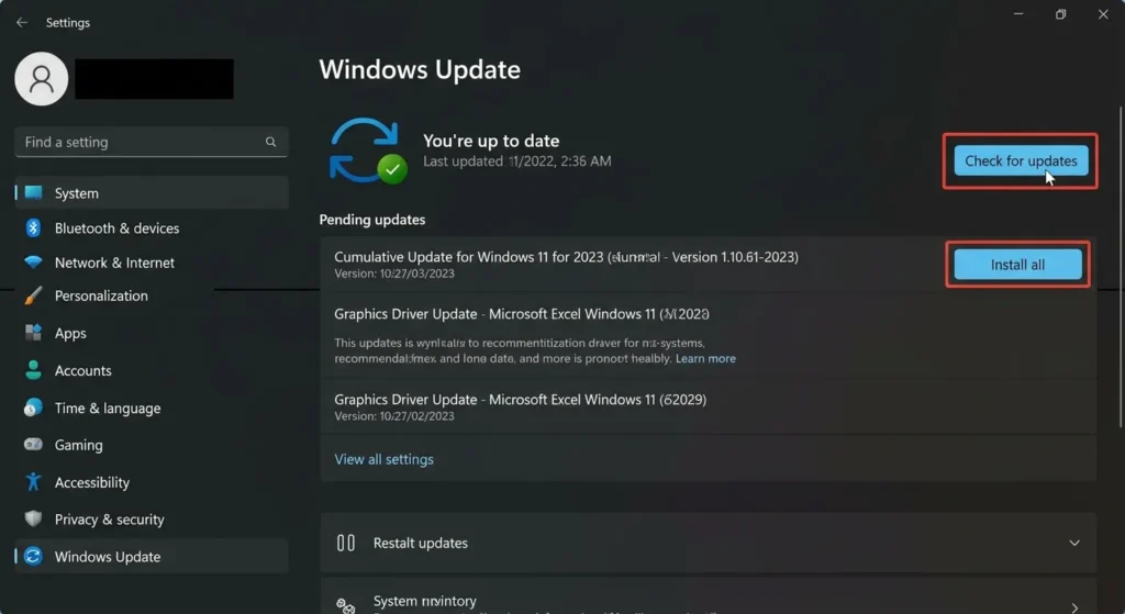 Install Pending Windows Updates To fix black line on laptop screen