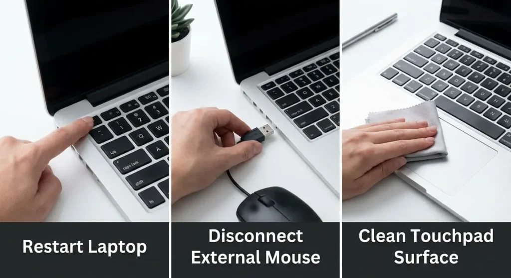 Collage of three quick laptop touchpad checks: restarting the laptop, disconnecting an external mouse, and cleaning the touchpad surface with a cloth.