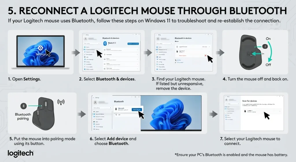Reconnect a Logitech Mouse Through Bluetooth to fix logitech mouse not working