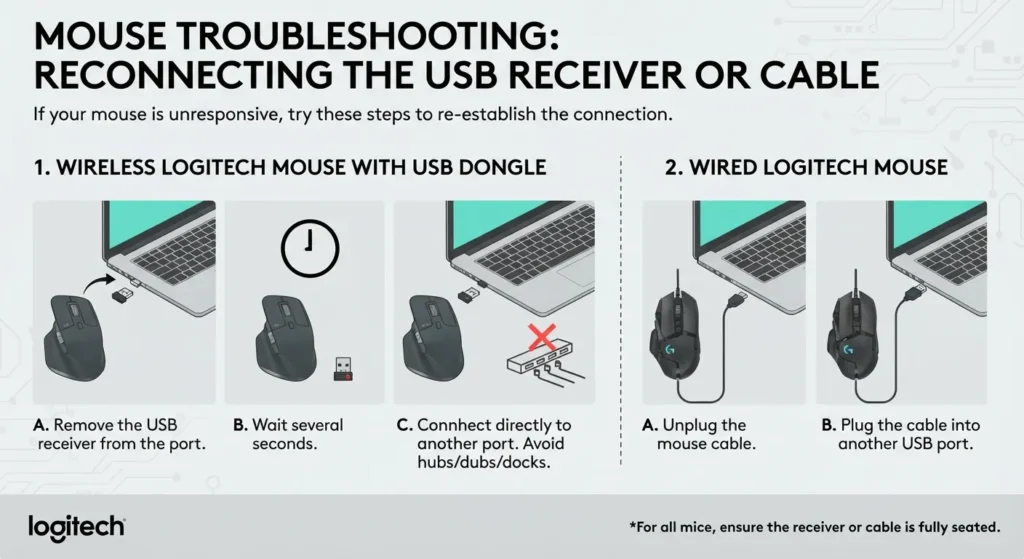 Reconnect the USB Receiver or Cable to fix logitech mouse not working