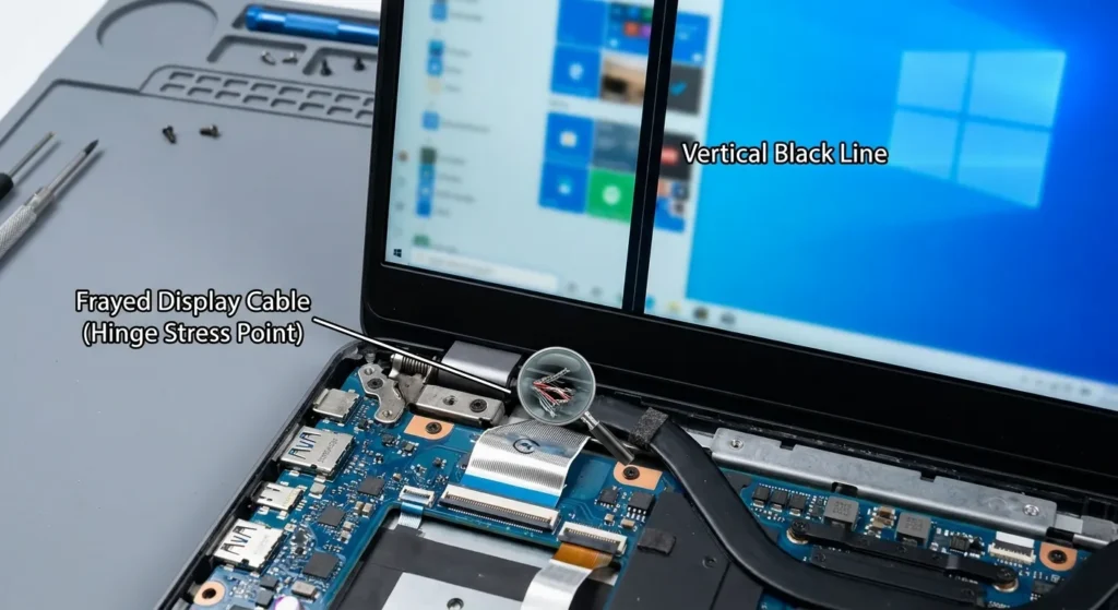 Repair or Replace the Display Cable to fix black line on laptop screen
