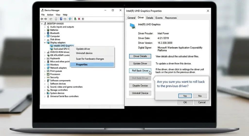 Roll Back a Recently Updated Graphics Driver to fix black line on a laptop screen