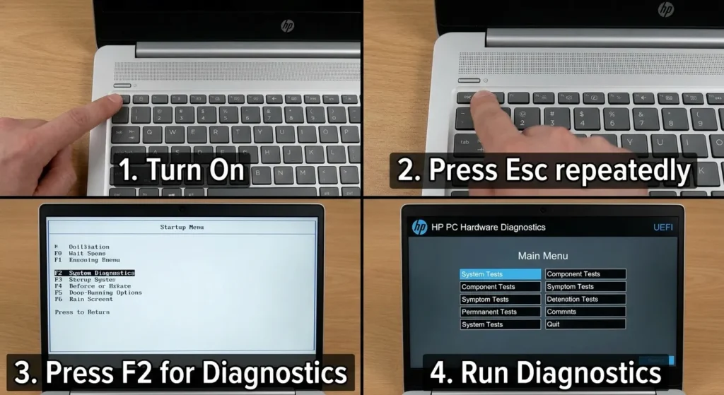 Run HP PC Hardware Diagnostics to fix black line on laptop screen