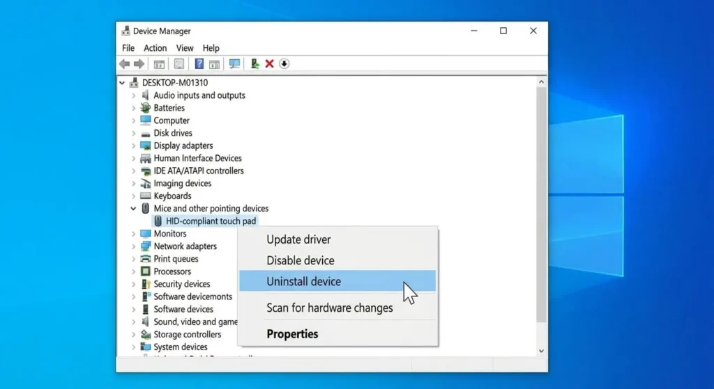 Screenshot of Windows Device Manager showing the right-click context menu for a touchpad driver with the "Uninstall device" option selected.