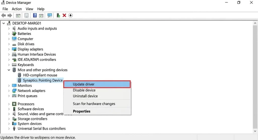Device Manager window in Windows showing the 'Update driver' option selected from a right-click menu for a touchpad device.
