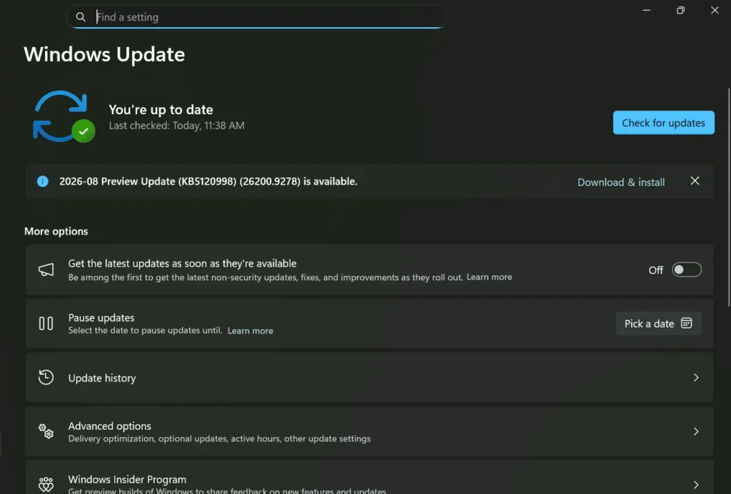 checking window update for laptop touchpad not working issue