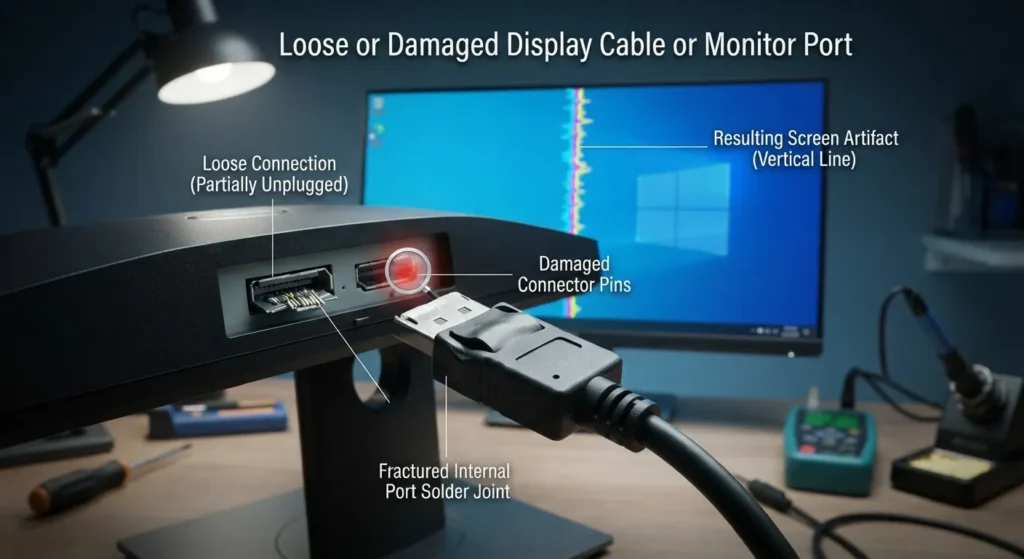 Monitor with a loose or damaged DisplayPort connection causing a vertical line on the screen.