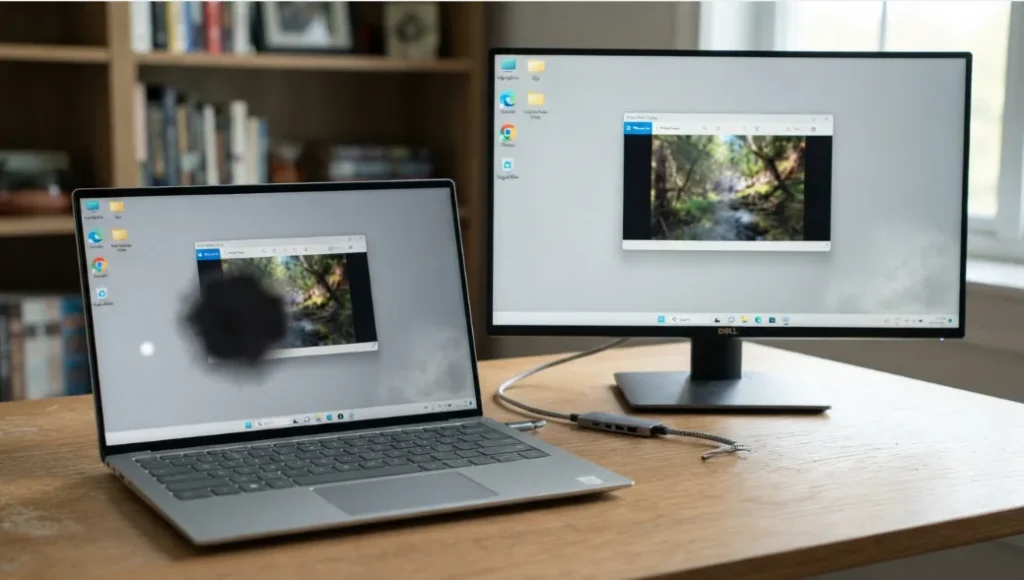 Laptop connected to an external monitor to test for an LCD screen problem
