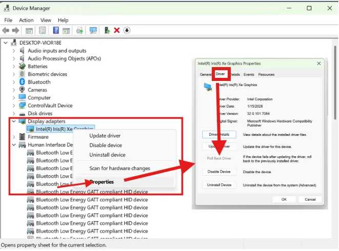 Rolling back a graphics driver in Windows Device Manager