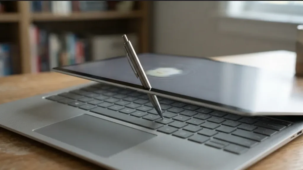 Laptop screen showing pressure damage caused by an object between the keyboard and display