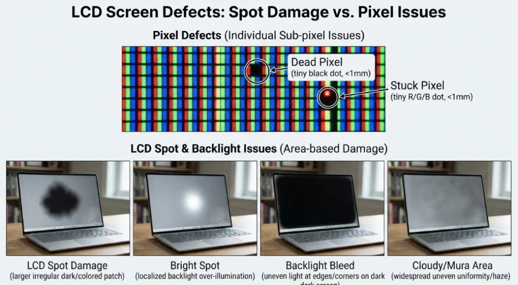 Comparison of LCD spot damage dead pixel stuck pixel and backlight bleed
