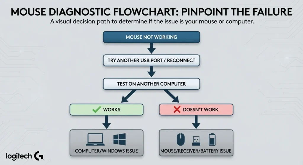 Logitech Mouse Diagnostic Flowchart to fix logitech mouse not working