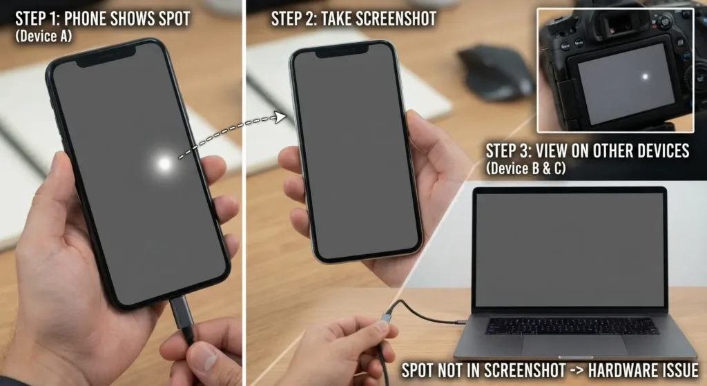 Testing a phone bright spot using a screenshot