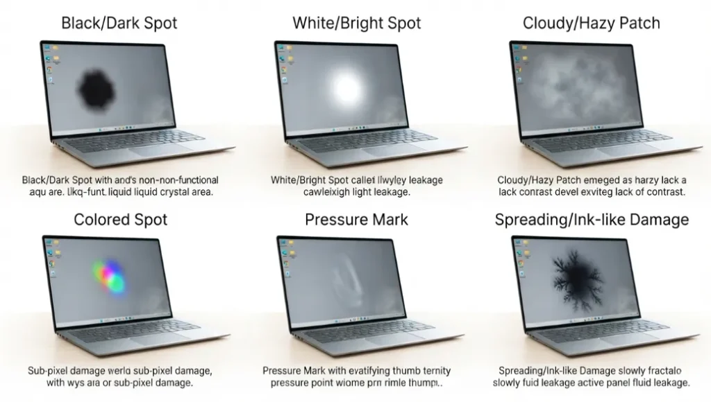 Different types of LCD spot damage including dark bright cloudy and pressure spots