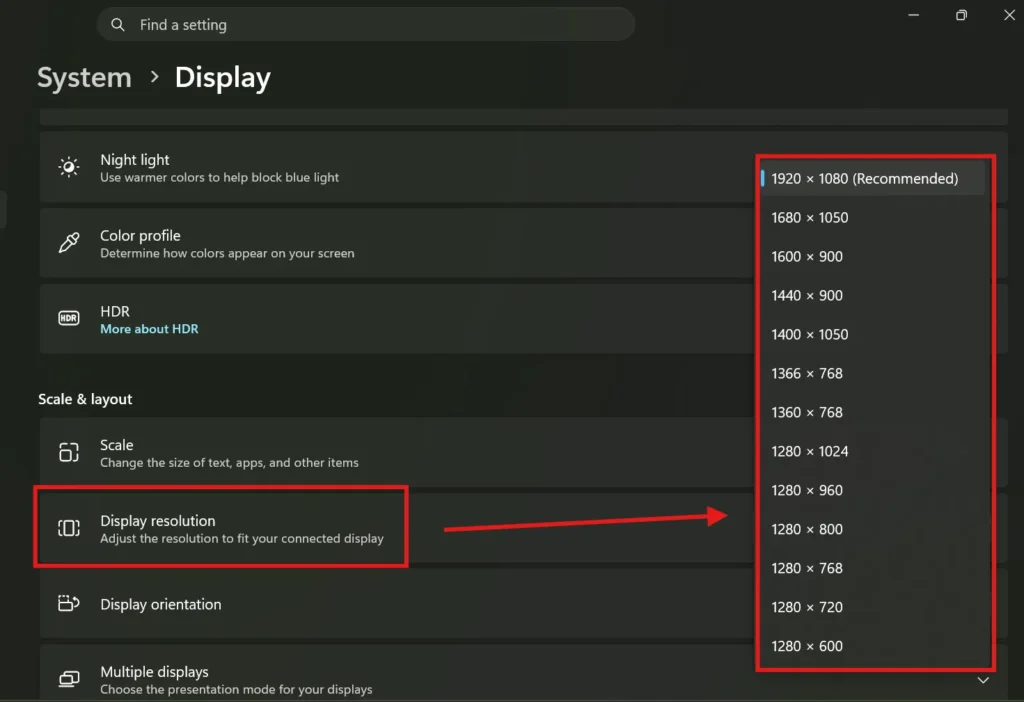 Windows Display settings showing resolution and refresh rate options