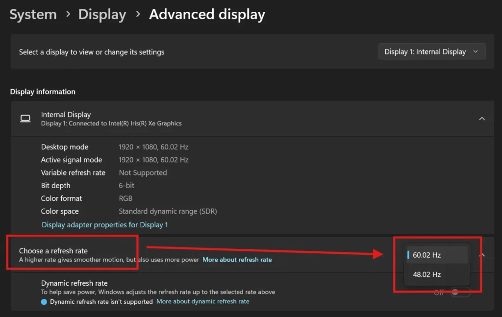 Changing the display refresh rate in Windows settings